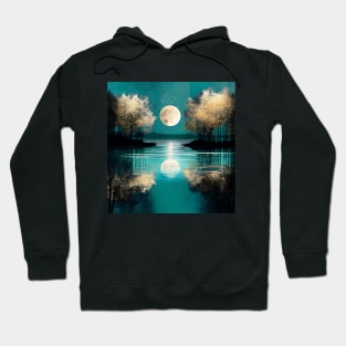 Teal Blue Serene Lake Reflections Full Moon Metallic Hoodie